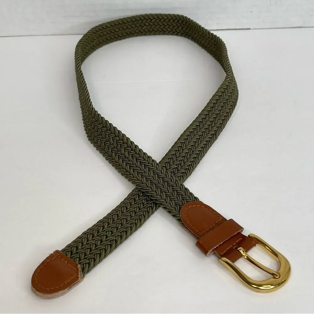 Army Green Stretchy Woven Belt Brown Trim Brass Toned Buckle Men's 28-30